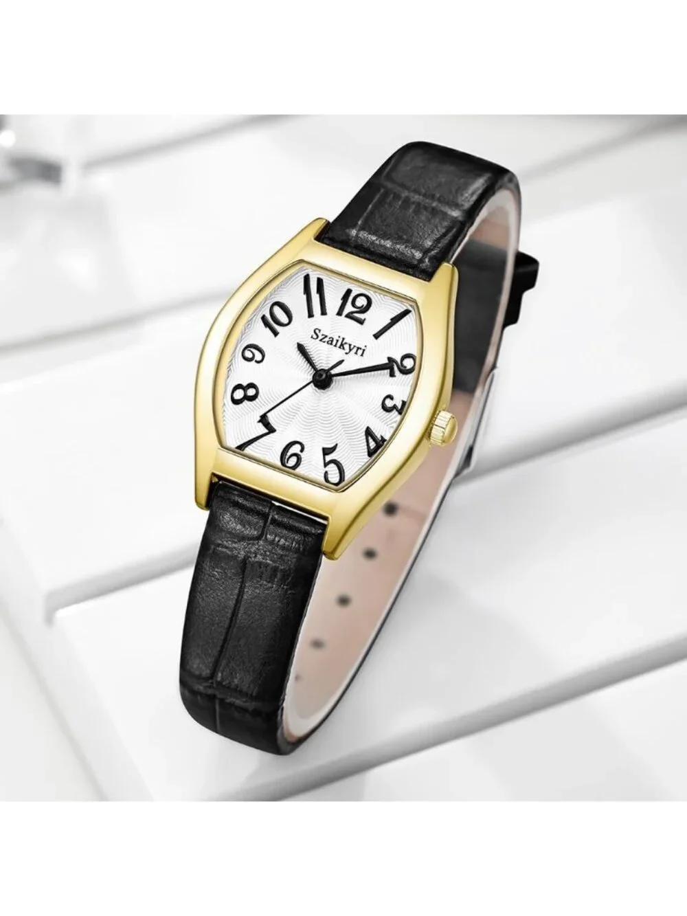 Women's Black Gold Barrel-Shaped Easy Read Arabic Numerals Dress Wrist Watch